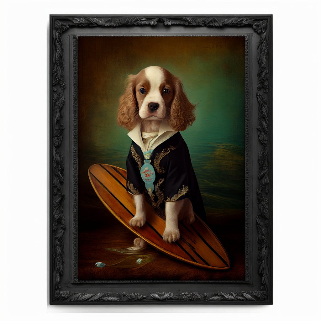 Surfing Puppy Wall Art Print, Animal Lover Vintage Regal Dog Print Poster Renaissance Victorian Surfing Dog Portrait Royal Painting Pet Gift