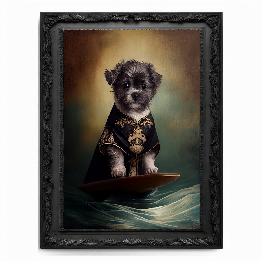 Surfing Puppy Wall Art Print, Animal Lover Vintage Regal Dog Print Poster Renaissance Victorian Surfing Dog Portrait Royal Painting Pet Gift
