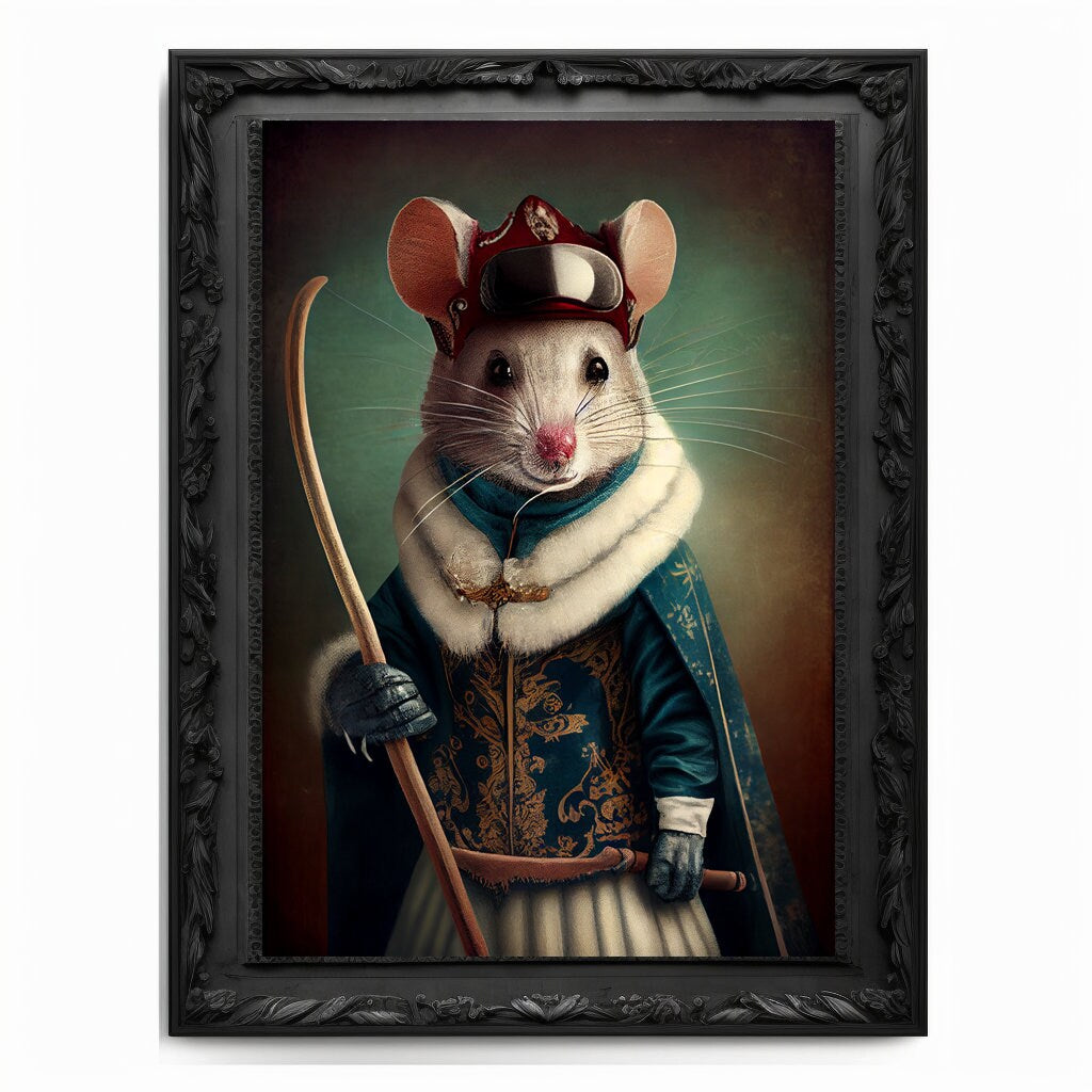 Skiing Mouse Wall Art Print Mouse Animal Lover Vintage Regal Art Poster Renaissance. Victorian Mouse Portrait Royal Painting Skiing Pet Gift