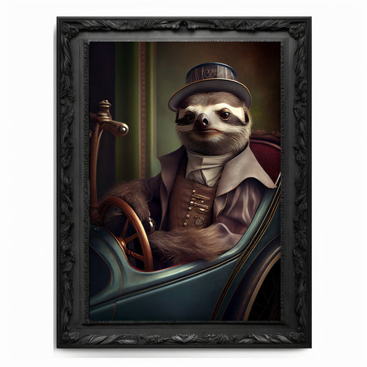 Race Car Sloth Art Print, Motor Sports Animal Vintage Regal Art Poster Renaissance. Victorian Sloth Portrait Royal Painting Racing Pet Gift.