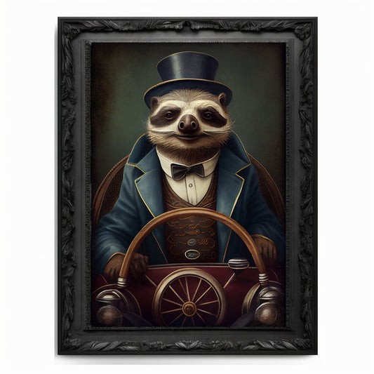 Race Car Sloth Art Print, Motor Sports Animal Vintage Regal Art Poster Renaissance. Victorian Sloth Portrait Royal Painting Racing Pet Gift.