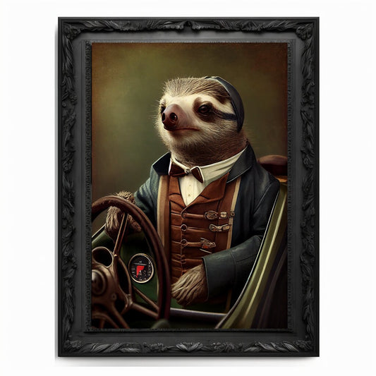 Race Car Sloth Art Print, Motor Sports Animal Vintage Regal Art Poster Renaissance. Victorian Sloth Portrait Royal Painting Racing Pet Gift.