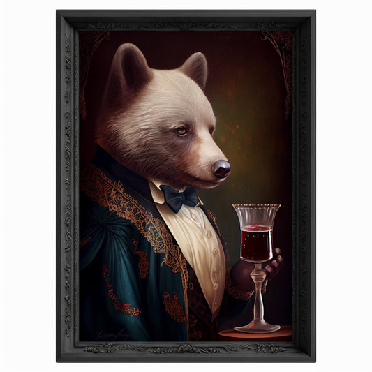 Bar Room Bear Wall Art Print, Animal Lover Vintage Regal Bear Drinking Wine Poster Victorian Drinking Bear Portrait Royal Painting Bear Gift