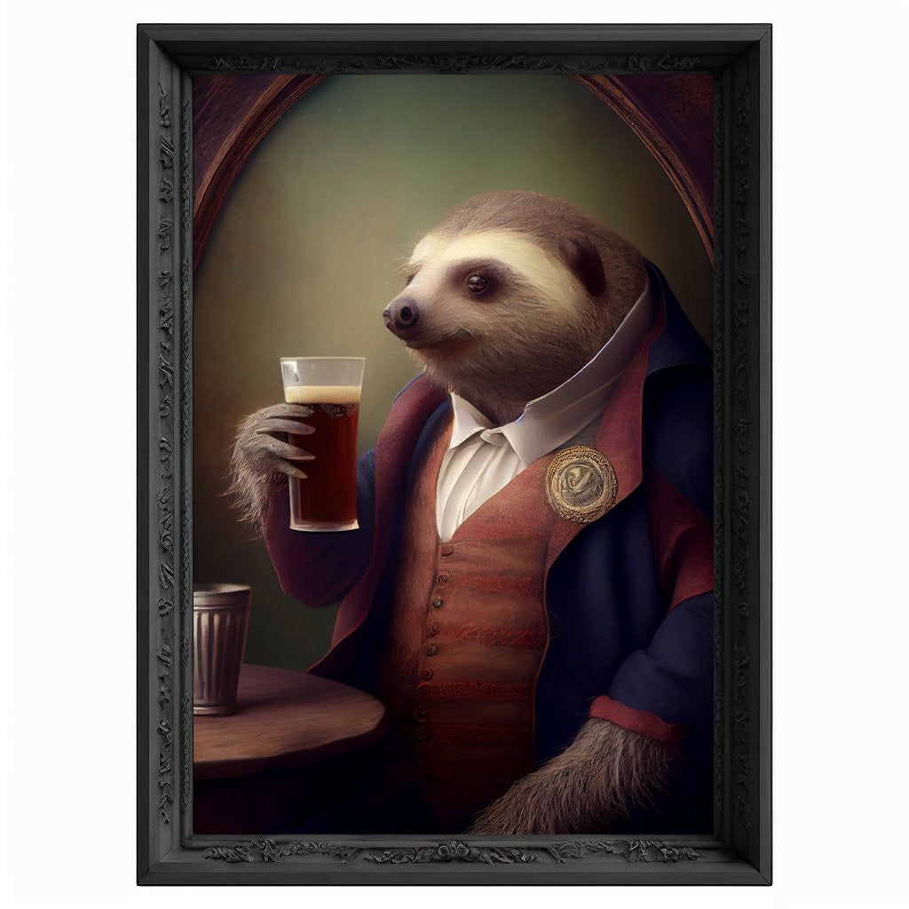 Bar Room Sloth Wall Art Print, Animal Lover Vintage Regal Sloth Drinking Beer, Sloth Poster Drinking Sloth Portrait Royal Painting Sloth Art