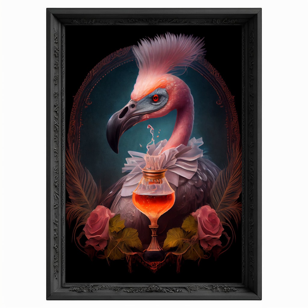 Flaming Cocktail Flamingo, Bar Room Flamingo Wall Art Print, Animal Lover, Flamingo Poster, Drinking Flamingo Portrait Painting Flamingo Art