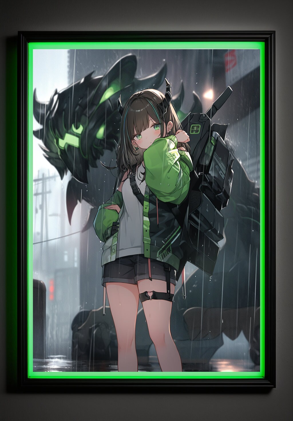 Green Cyberpunk Anime Art Print Poster Robot Guardian In Rain Manga Japanese Movie Poster Wall Art Home Decor Animation Science Fiction Film