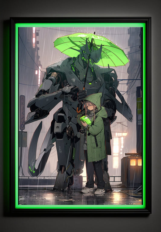 Green Cyberpunk Anime Art Print Poster Robot Guardian In Rain Manga Japanese Movie Poster Wall Art Home Decor Animation Science Fiction Film