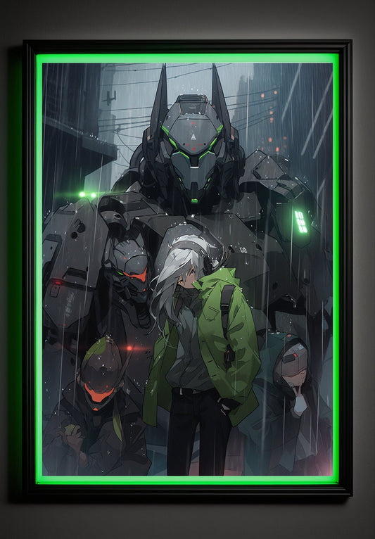Green Cyberpunk Anime Art Print Poster Robot Guardian In Rain Manga Japanese Movie Poster Wall Art Home Decor Animation Science Fiction Film