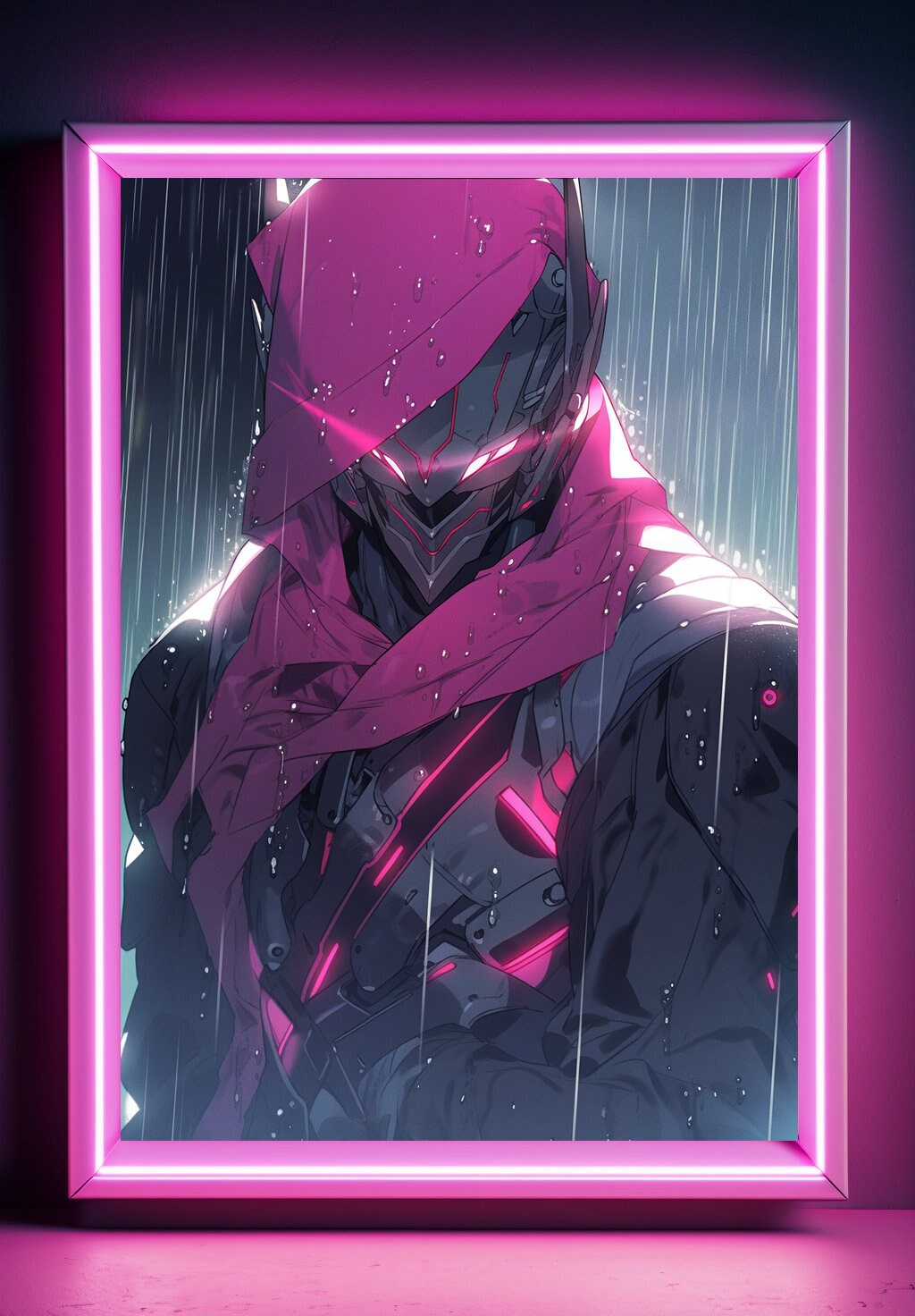 Pink Cyberpunk In Rain Anime Art Print Poster Manga Art Japanese Movie Poster Gamer Art Wall Game Room Animation Science Fiction Film Poster