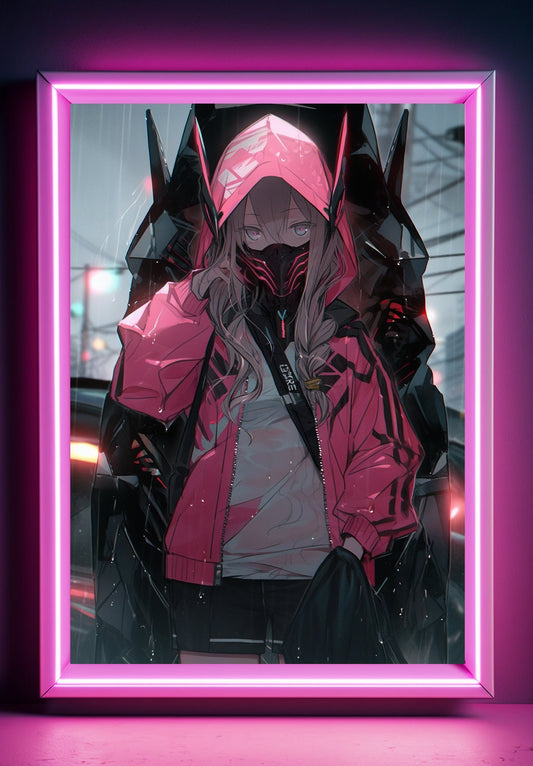 Pink Cyberpunk In Rain Anime Art Print Poster Manga Art Japanese Movie Poster Gamer Art Wall Game Room Animation Science Fiction Film Poster