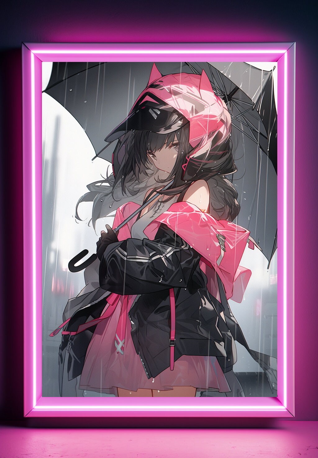Pink Cyberpunk In Rain Anime Art Print Poster Manga Art Japanese Movie Poster Gamer Art Wall Game Room Animation Science Fiction Film Poster