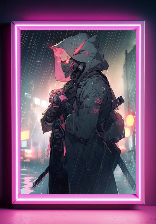 Pink Cyberpunk In Rain Anime Art Print Poster Manga Art Japanese Movie Poster Gamer Art Wall Game Room Animation Science Fiction Film Poster