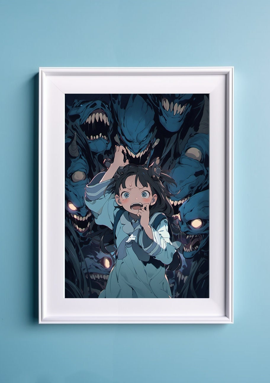 Blue Aesthetic Terror Horror Anime Art Print, Monster Art Manga Japanese Movie Poster, Ghibli Art Inspired Gamer Art Wall Art, Animation Art