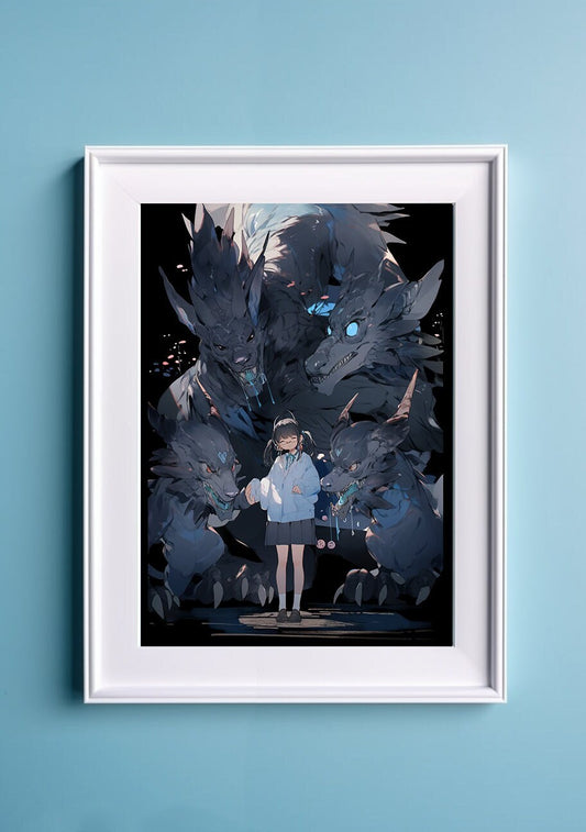 Blue Aesthetic Terror Horror Anime Art Print, Monster Art Manga Japanese Movie Poster, Ghibli Art Inspired Gamer Art Wall Art, Animation Art