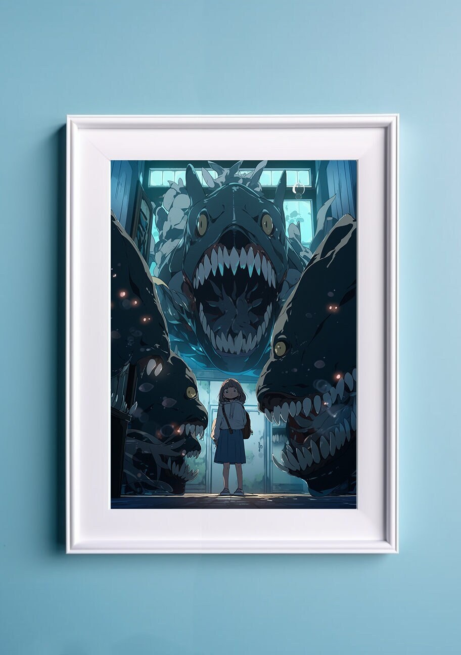 Blue Aesthetic Terror Horror Anime Art Print, Monster Art Manga Japanese Movie Poster, Ghibli Art Inspired Gamer Art Wall Art, Animation Art