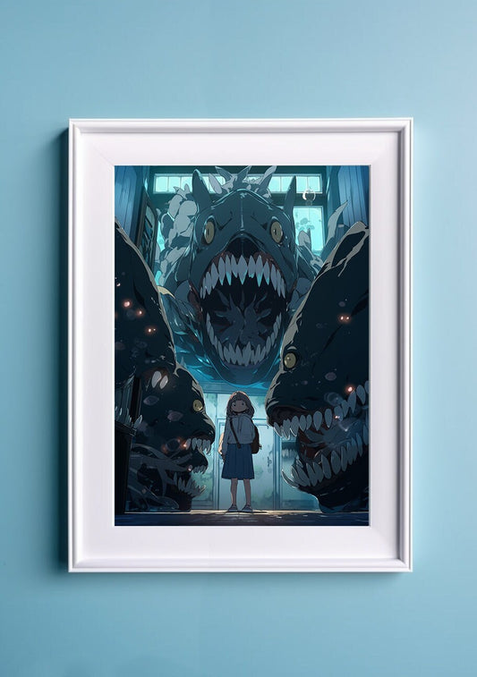 Blue Aesthetic Terror Horror Anime Art Print, Monster Art Manga Japanese Movie Poster, Ghibli Art Inspired Gamer Art Wall Art, Animation Art