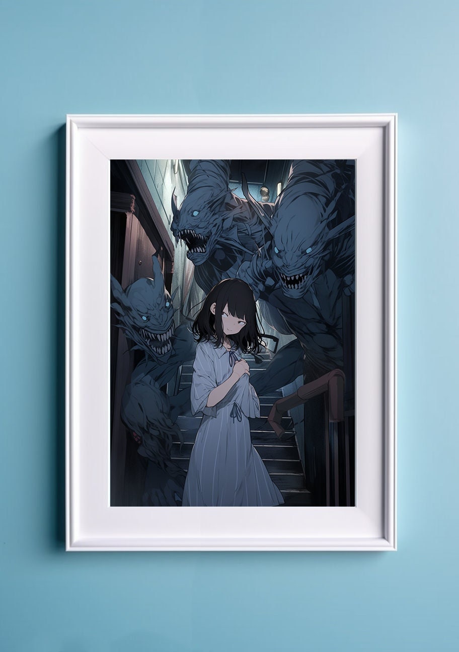 Blue Aesthetic Terror Horror Anime Art Print, Monster Art Manga Japanese Movie Poster, Ghibli Art Inspired Gamer Art Wall Art, Animation Art