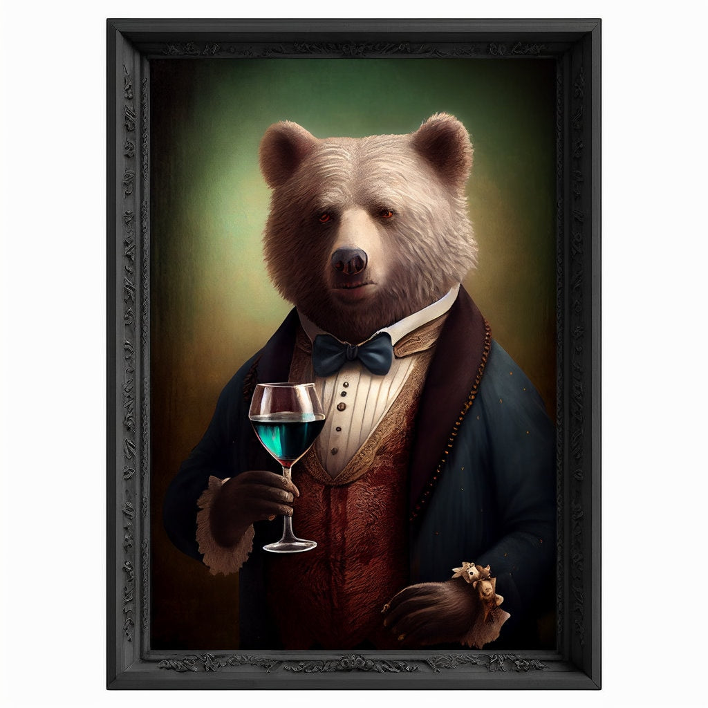 Bar Room Bear Wall Art Print, Animal Lover Vintage Regal Bear Drinking Wine Poster Victorian Drinking Bear Portrait Royal Painting Bear Gift