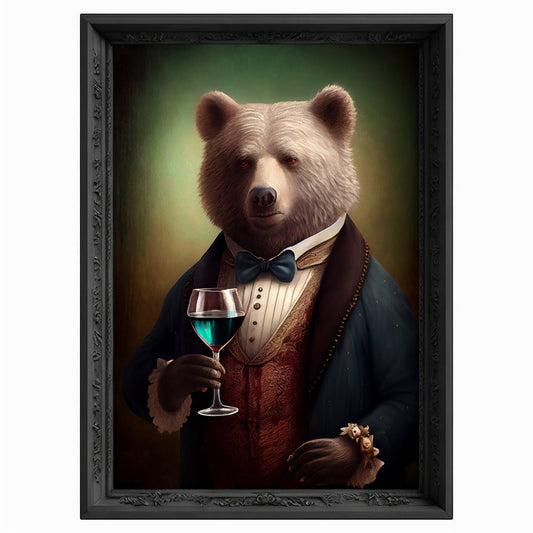 Bar Room Bear Wall Art Print, Animal Lover Vintage Regal Bear Drinking Wine Poster Victorian Drinking Bear Portrait Royal Painting Bear Gift