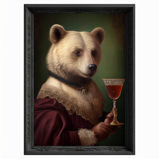 Bar Room Bear Wall Art Print, Animal Lover Vintage Regal Bear Drinking Wine Poster Victorian Drinking Bear Portrait Royal Painting Bear Gift