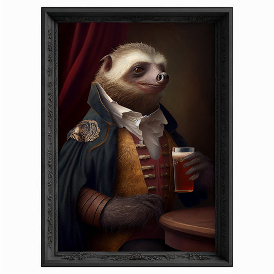 Bar Room Sloth Wall Art Print, Animal Lover Vintage Regal Sloth Drinking Beer, Sloth Poster Drinking Sloth Portrait Royal Painting Sloth Art
