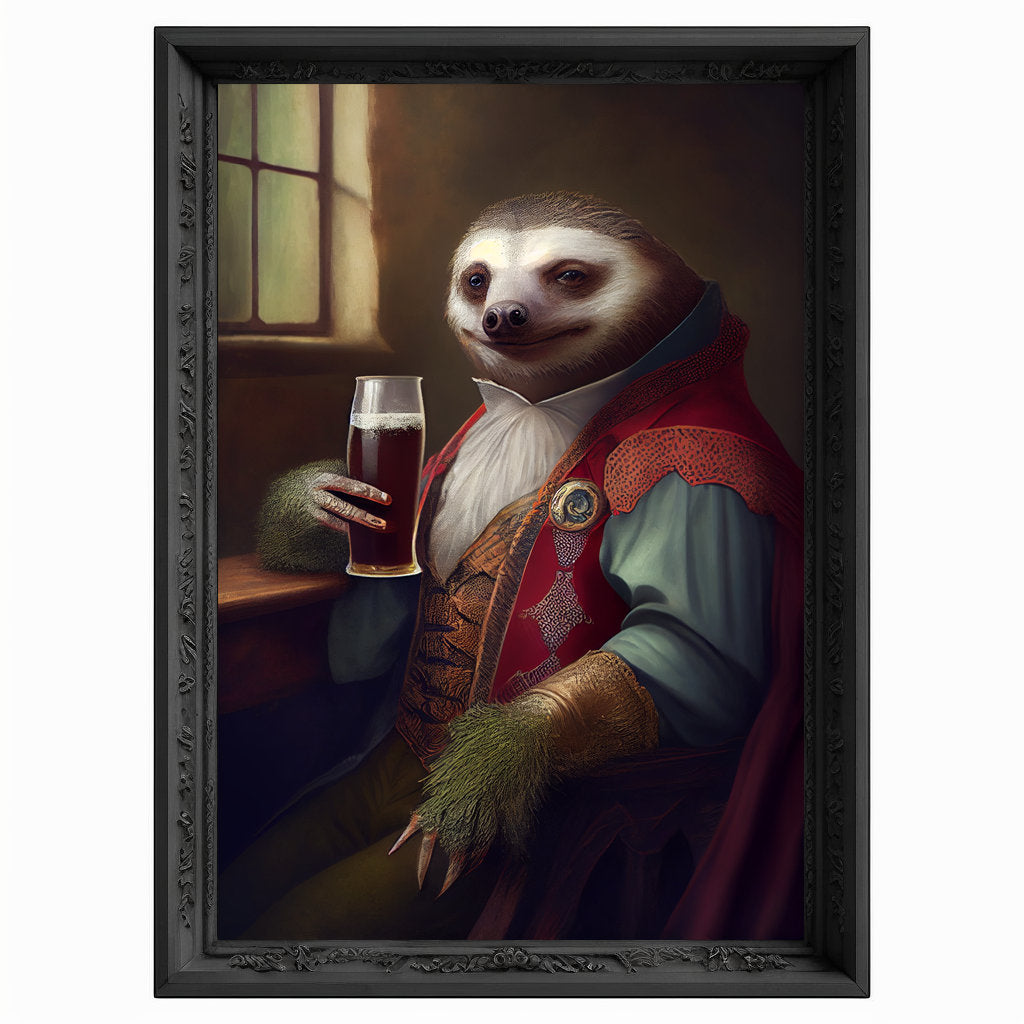 Bar Room Sloth Wall Art Print, Animal Lover Vintage Regal Sloth Drinking Beer, Sloth Poster Drinking Sloth Portrait Royal Painting Sloth Art