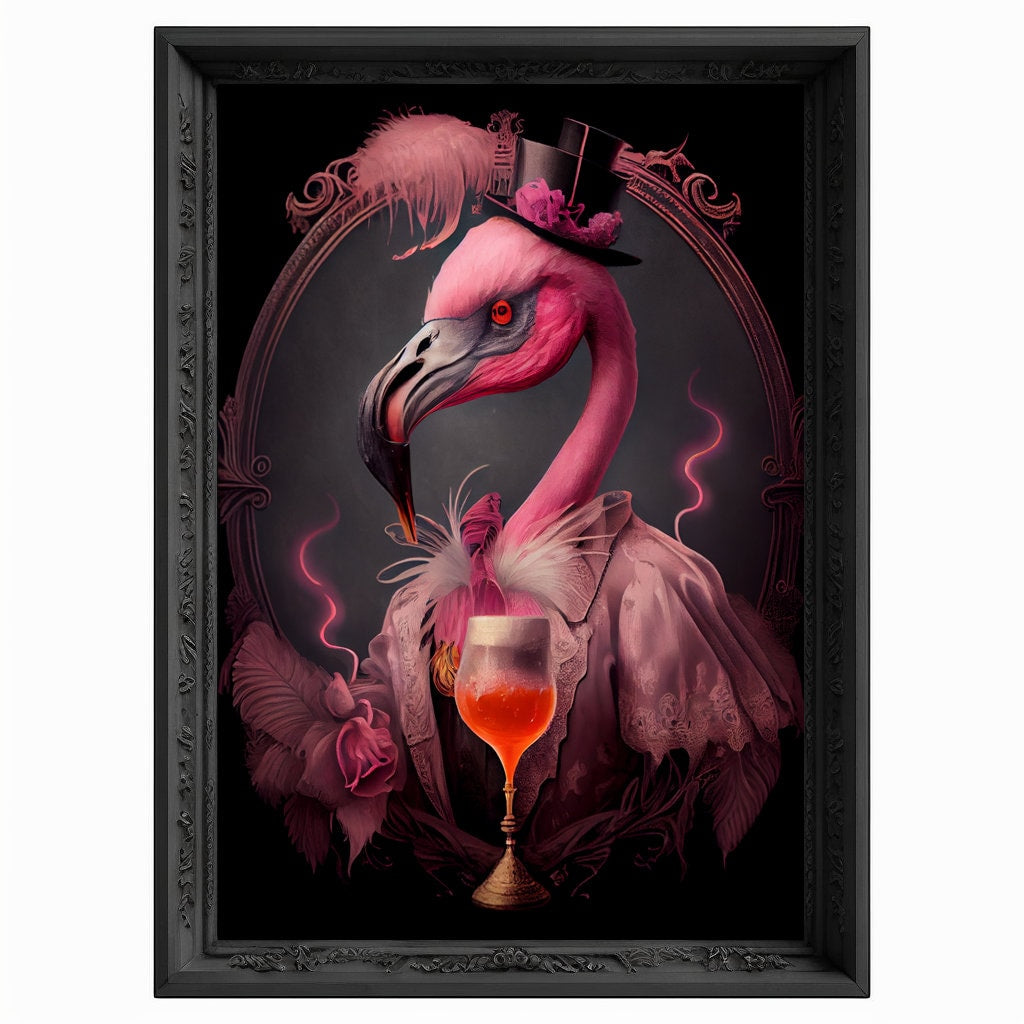 Flaming Cocktail Flamingo, Bar Room Flamingo Wall Art Print, Animal Lover, Flamingo Poster, Drinking Flamingo Portrait Painting Flamingo Art