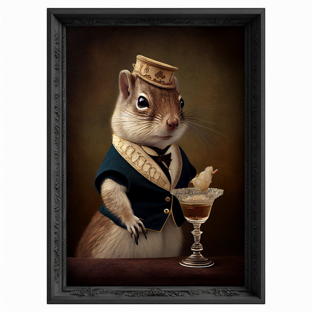 Champagne Chipmunk Portrait, Animal Head Painting, Altered Art, Bar Room Poster, Regal Vintage Artwork, Unique Art Prints, Funny Gift