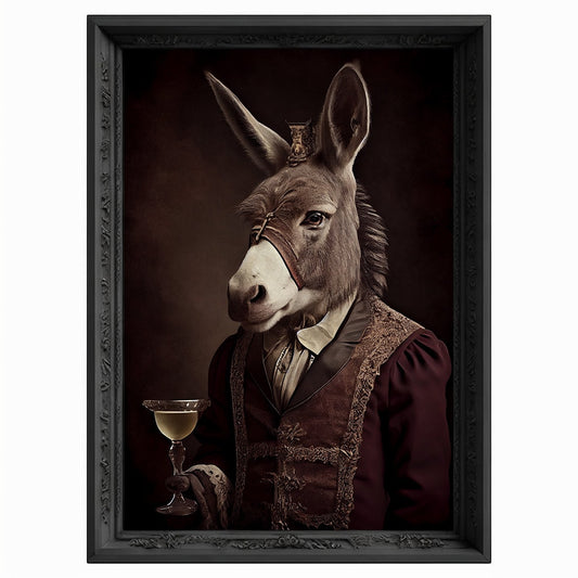 Donkey Drinks Wine Portrait, Animal Head Painting, Altered Art, Bar Room Poster, Regal Vintage Artwork, Unique Art Prints, Funny Gift