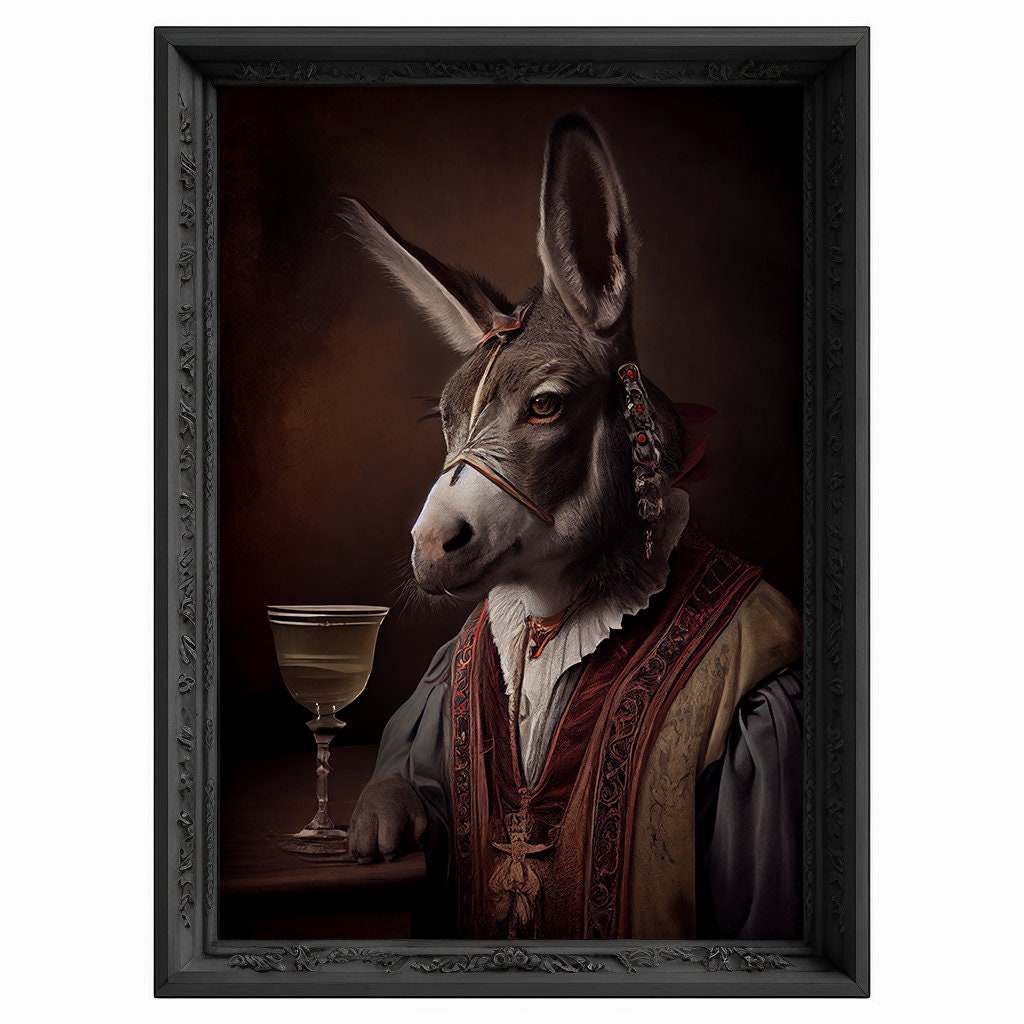 Donkey Drinks Wine Portrait, Animal Head Painting, Altered Art, Bar Room Poster, Regal Vintage Artwork, Unique Art Prints, Funny Gift