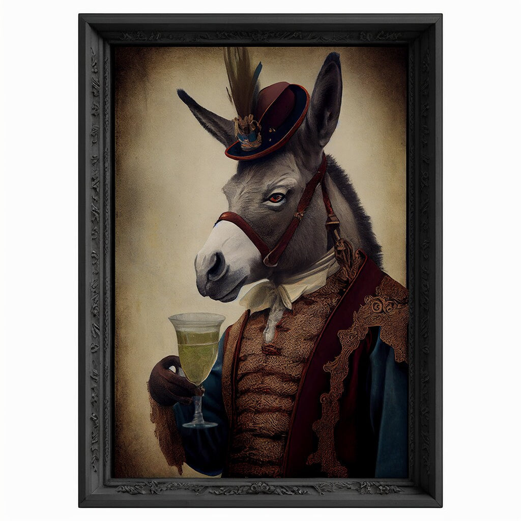 Donkey Drinks Wine Portrait, Animal Head Painting, Altered Art, Bar Room Poster, Regal Vintage Artwork, Unique Art Prints, Funny Gift