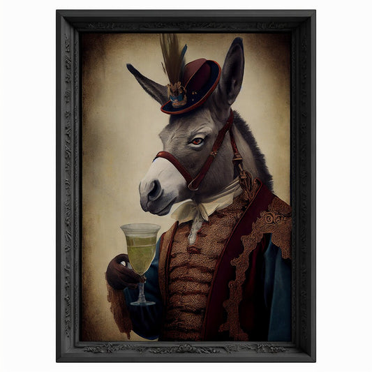 Donkey Drinks Wine Portrait, Animal Head Painting, Altered Art, Bar Room Poster, Regal Vintage Artwork, Unique Art Prints, Funny Gift