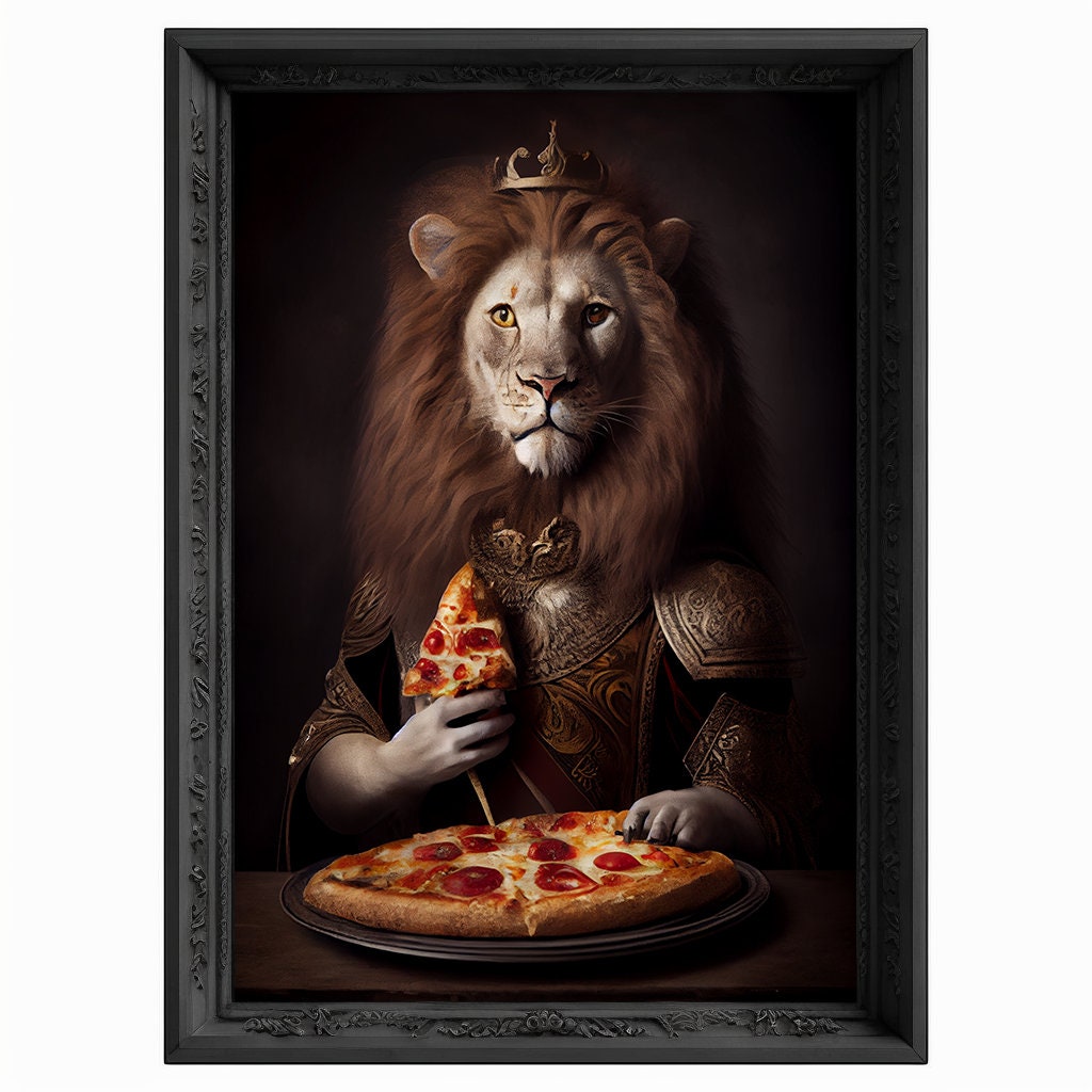 Lion King Portrait Eating Pizza, Animal Painting, Altered Art, Bar Room Poster, Regal Vintage Artwork, Unique Art Prints, Funny Gift
