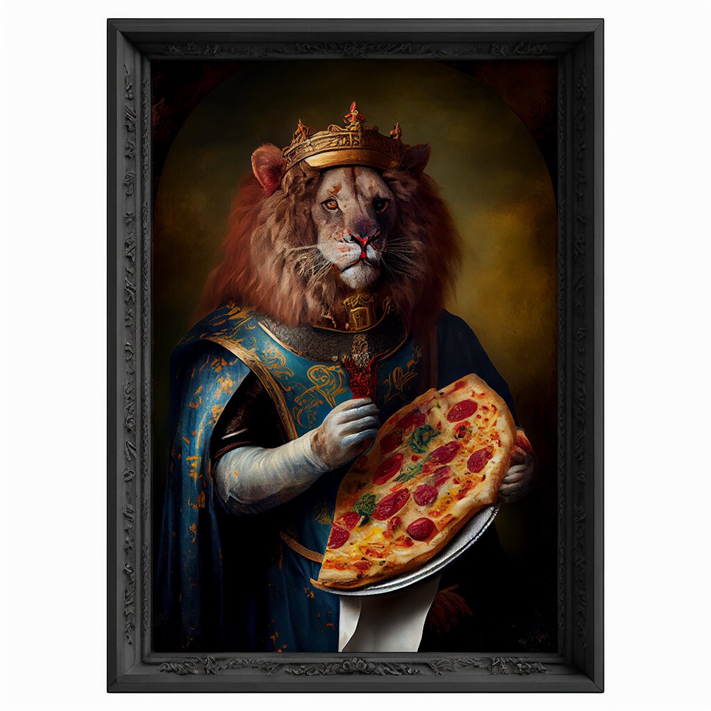 Lion King Portrait Eating Pizza, Animal Painting, Altered Art, Bar Room Poster, Regal Vintage Artwork, Unique Art Prints, Funny Gift