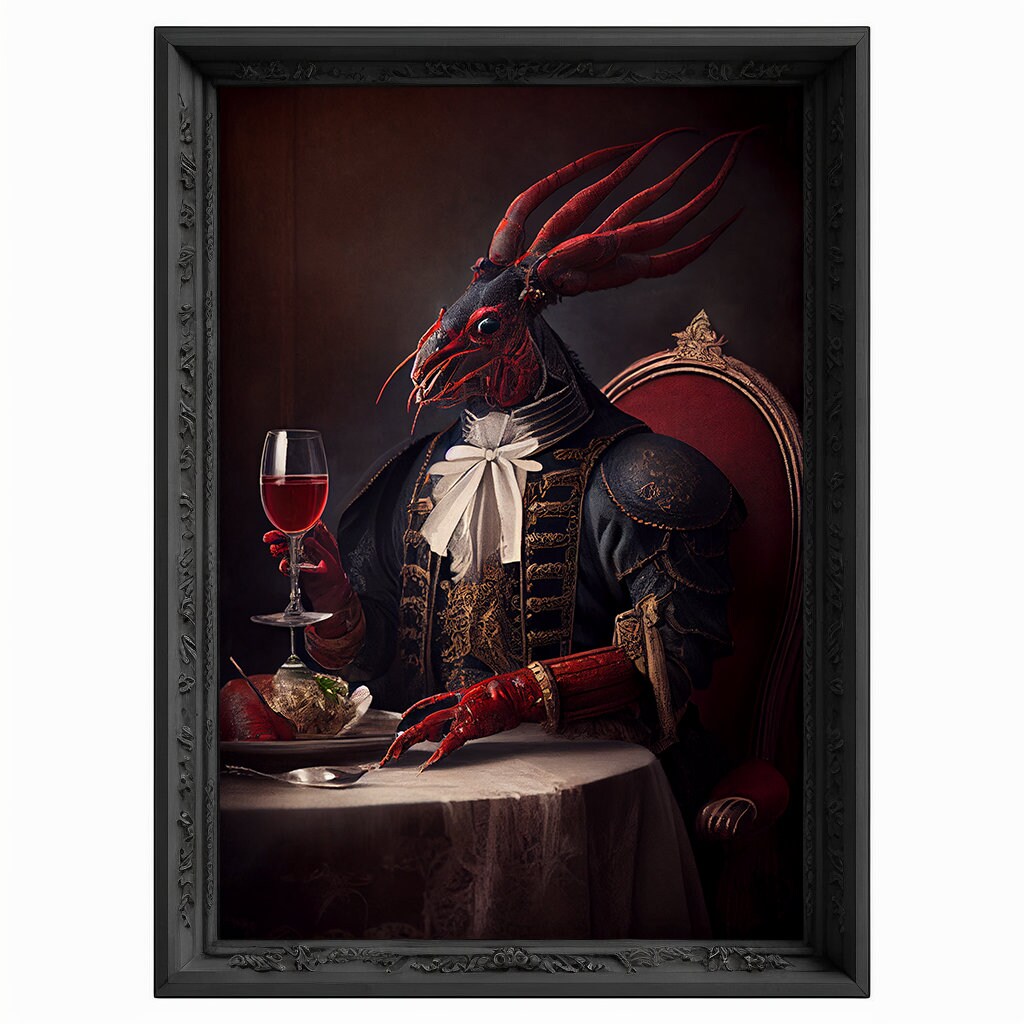 Lobster Drinks Wine Portrait, Animal Painting, Altered Art, Bar Room Poster, Regal Vintage Artwork, Unique Art Prints, Funny Gift
