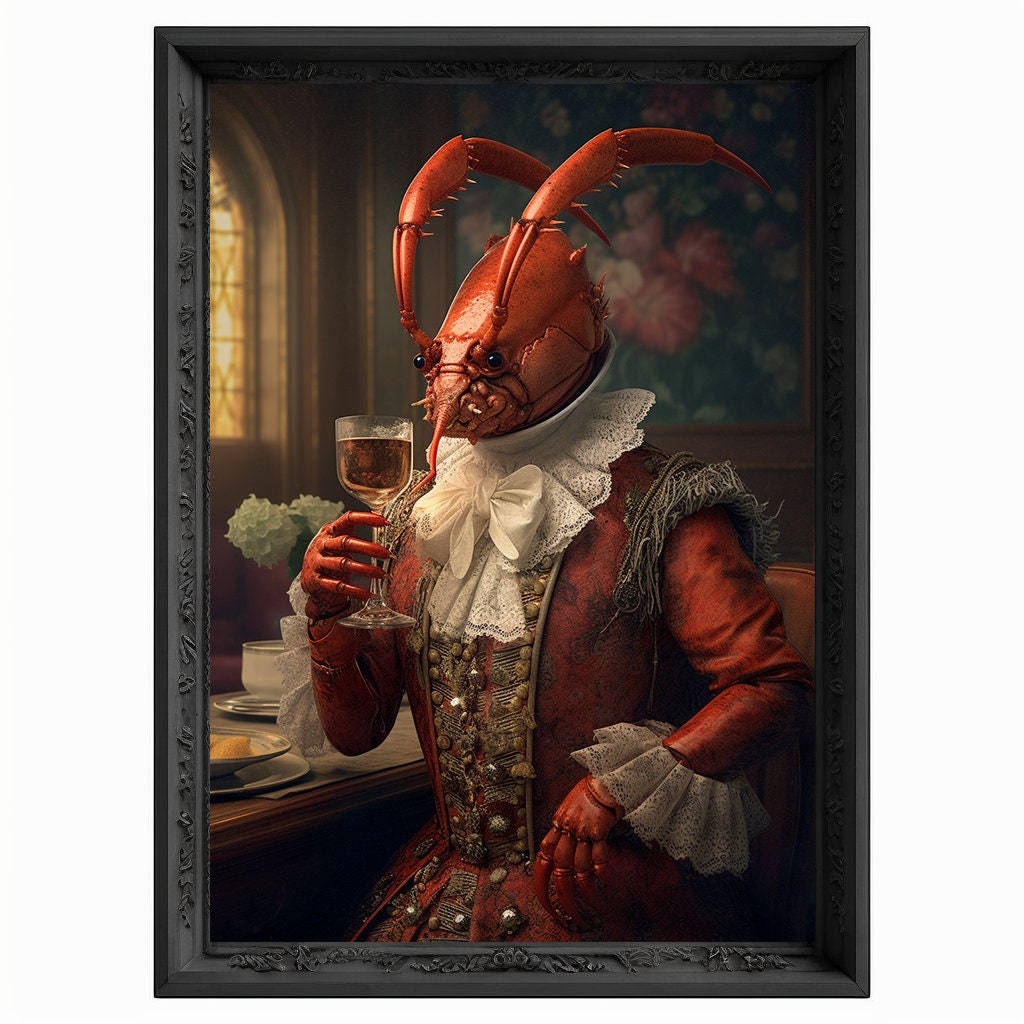 Lobster Drinks Wine Portrait, Animal Painting, Altered Art, Bar Room Poster, Regal Vintage Artwork, Unique Art Prints, Funny Gift