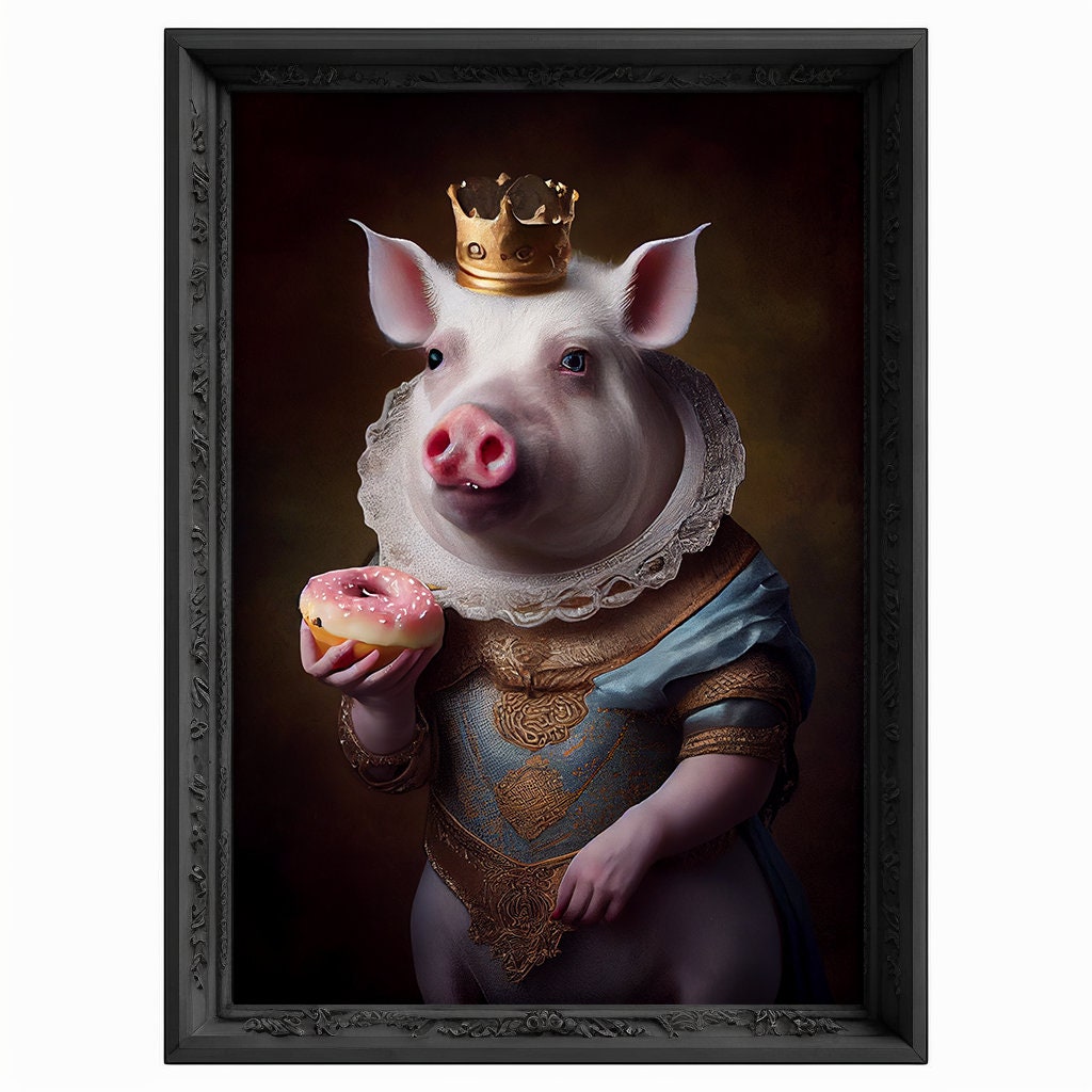 Royal Pig Eating Donut Portrait, Animal Painting, Altered Art, Bar Room Poster, Regal Vintage Artwork, Unique Art Prints, Funny Gift