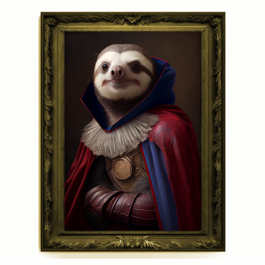Superhero Sloth Portrait, Animal Painting, Altered Art, Bar Room Poster, Regal Vintage Artwork, Unique Art Prints, Funny Gift