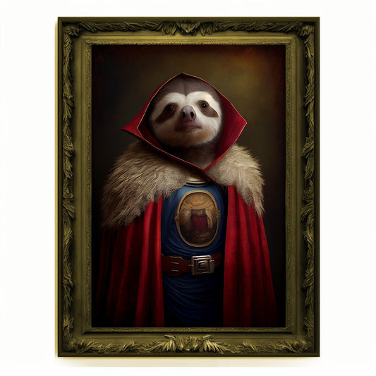Superhero Sloth Portrait, Animal Painting, Altered Art, Bar Room Poster, Regal Vintage Artwork, Unique Art Prints, Funny Gift