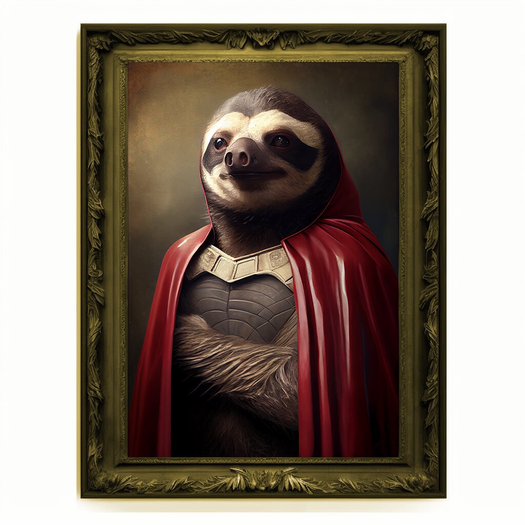 Superhero Sloth Portrait, Animal Painting, Altered Art, Bar Room Poster, Regal Vintage Artwork, Unique Art Prints, Funny Gift