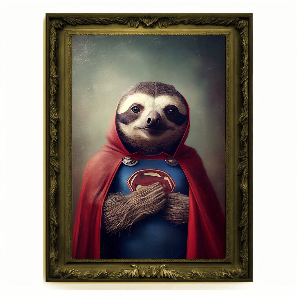 Superhero Sloth Portrait, Animal Painting, Altered Art, Bar Room Poster, Regal Vintage Artwork, Unique Art Prints, Funny Gift