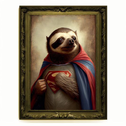 Superhero Sloth Portrait, Animal Painting, Altered Art, Bar Room Poster, Regal Vintage Artwork, Unique Art Prints, Funny Gift