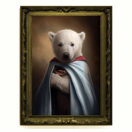 Superhero Polar Bear Cub Portrait, Animal Painting, Altered Art, Bar Room Poster, Regal Vintage Artwork, Unique Art Prints, Funny Gift