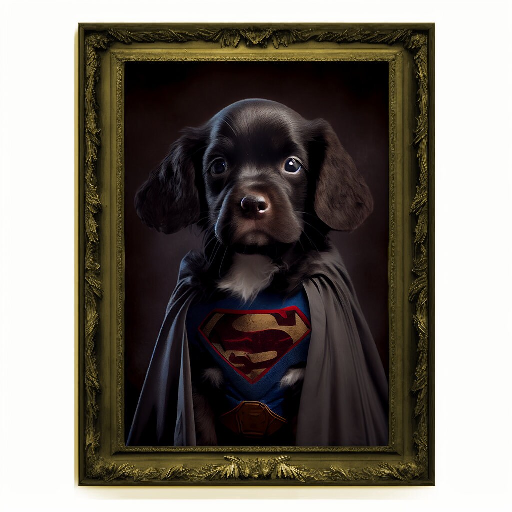 Superhero Puppy Dog Cub Portrait, Animal Painting, Altered Art, Bar Room Poster, Regal Vintage Artwork, Unique Art Prints, Funny Gift