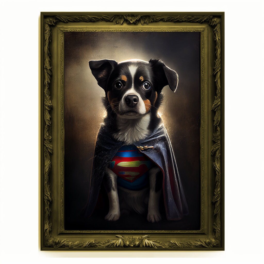 Superhero Puppy Dog Cub Portrait, Animal Painting, Altered Art, Bar Room Poster, Regal Vintage Artwork, Unique Art Prints, Funny Gift