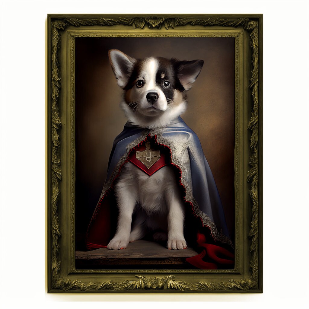 Superhero Puppy Dog Cub Portrait, Animal Painting, Altered Art, Bar Room Poster, Regal Vintage Artwork, Unique Art Prints, Funny Gift