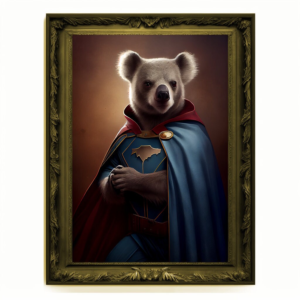 Superhero Koala Bear Portrait, Animal Painting, Altered Art, Bar Room Poster, Regal Vintage Artwork, Unique Art Prints, Funny Gift