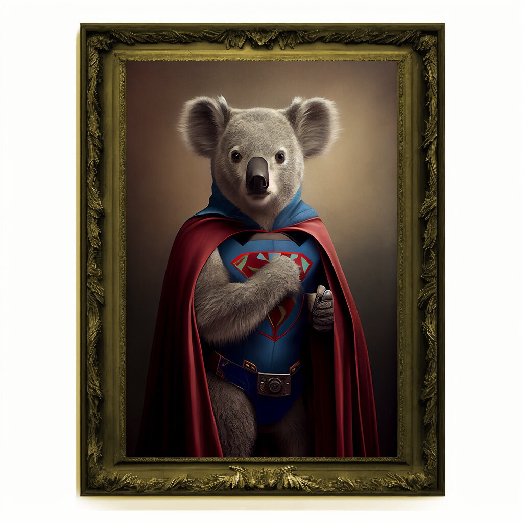 Superhero Koala Bear Portrait, Animal Painting, Altered Art, Bar Room Poster, Regal Vintage Artwork, Unique Art Prints, Funny Gift