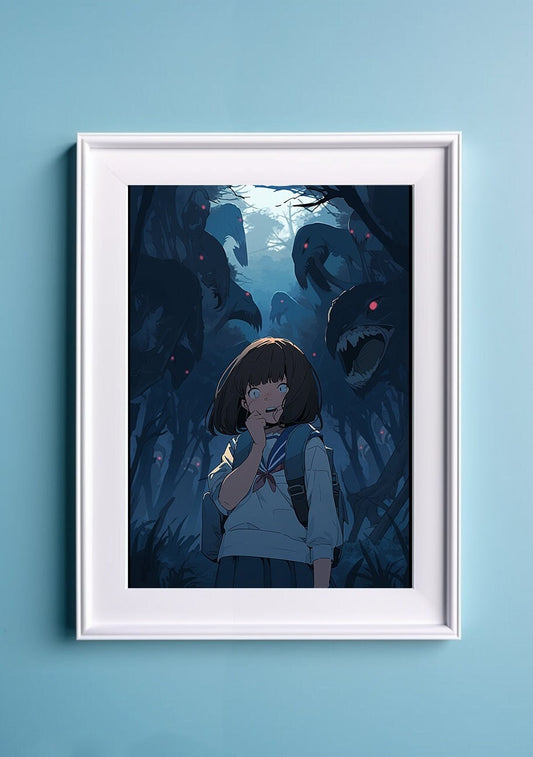 Blue Aesthetic Terror Horror Anime Art Print, Monster Art Manga Japanese Movie Poster, Ghibli Art Inspired Gamer Art Wall Art, Animation Art
