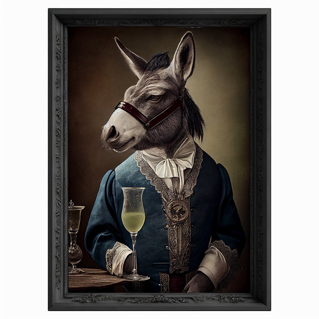 Donkey Drinks Wine Portrait, Animal Head Painting, Altered Art, Bar Room Poster, Regal Vintage Artwork, Unique Art Prints, Funny Gift